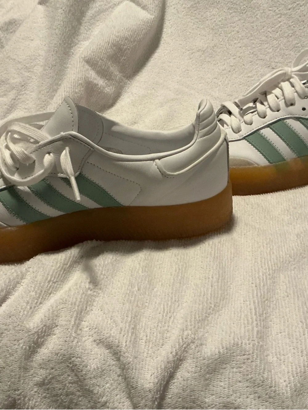 adidas Samba White Sneakers with Mint Green Stripes and Gum Sole - Picture 6 of 7